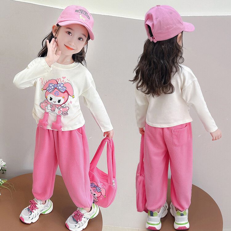 Girls' Adorable Cartoon Kuromi Sweatshirt and Plush Pants Set - Long-Sleeve Casual Outfit Pink & Purple Colors