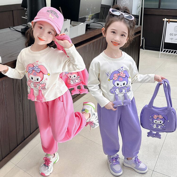 Girls' Adorable Cartoon Kuromi Sweatshirt and Plush Pants Set - Long-Sleeve Casual Outfit Pink & Purple Colors