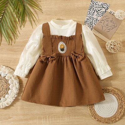 Girls' Long-Sleeve Quilted Pinafore Dress with Floral Embroidery Cozy Autumn Winter Outfit