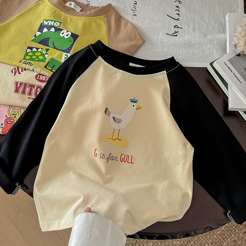 Girls' Long Sleeve Cartoon Raglan T-Shirts - Cute Peter, Dino, Seagull Graphics, and Vibrant Colors