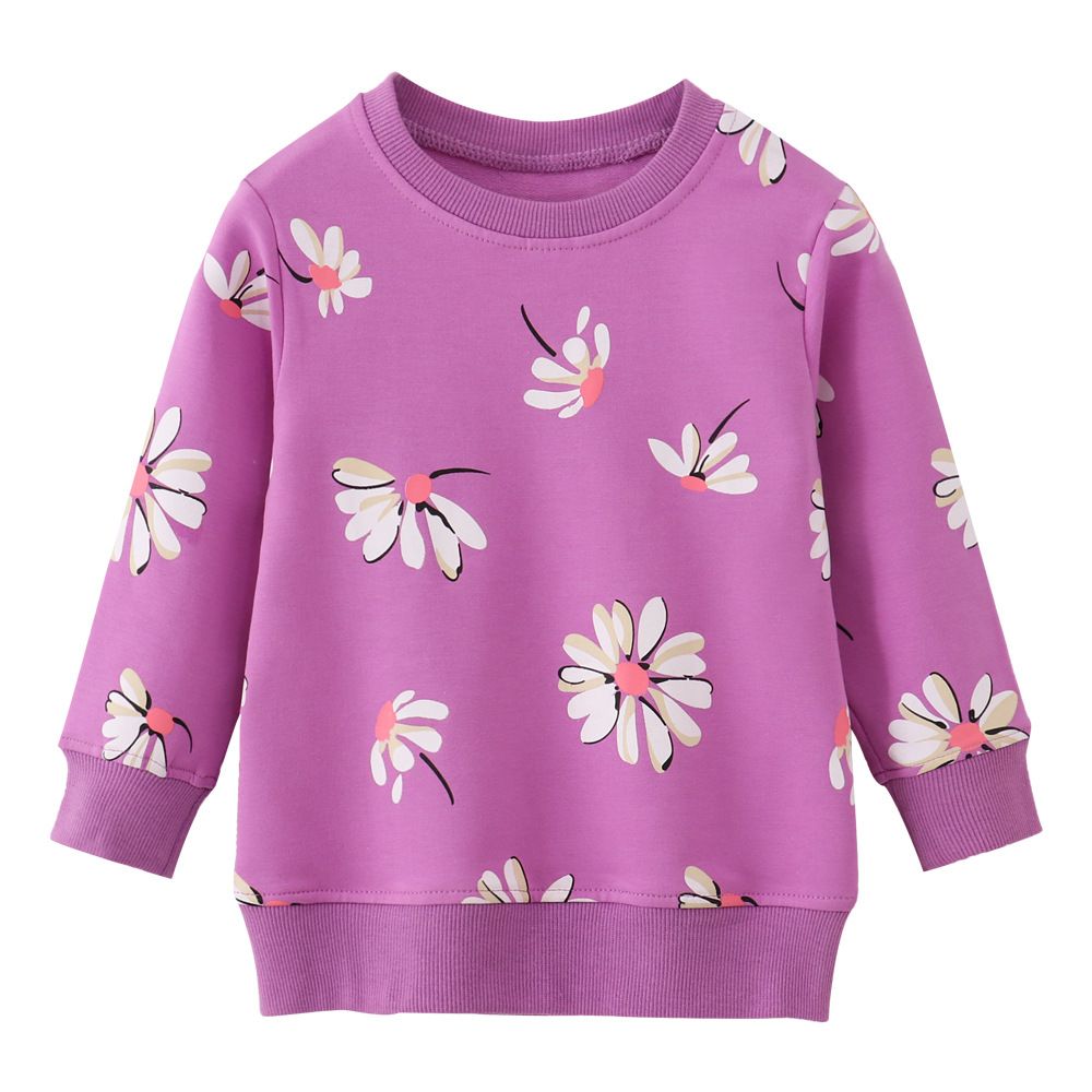 Spring Autumn New Arrival Girls' Long-Sleeve Sweatshirt Cute Daisy Print Crew Neck Top Perfect for Casual and Comfortable Wear