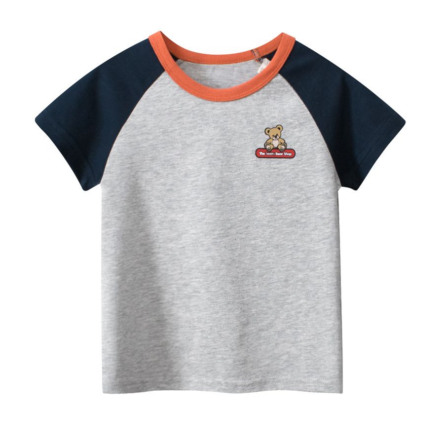 Unisex Kids Raglan Sleeve Color-Blocked T-Shirt - Soft Cotton Casual Tee with Cute Bear Patch