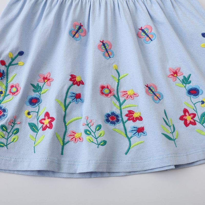 Girls' Blue Embroidered Floral Dress - Short-Sleeve Peter Pan Collar Dress with Butterfly Details