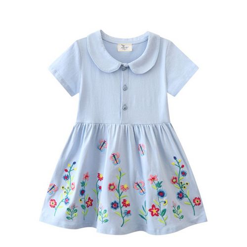 Girls' Blue Embroidered Floral Dress - Short-Sleeve Peter Pan Collar Dress with Butterfly Details