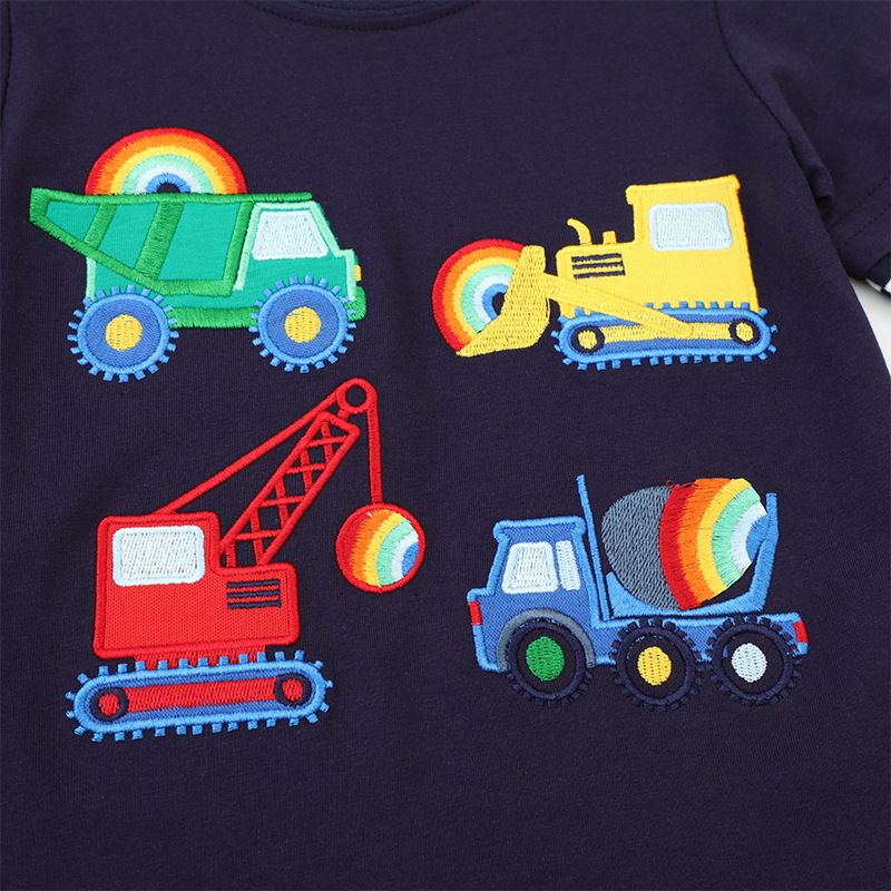 Unisex Kids Construction Vehicles Long-Sleeve T-Shirt - Striped Sleeves Cotton Top for Spring and Autumn