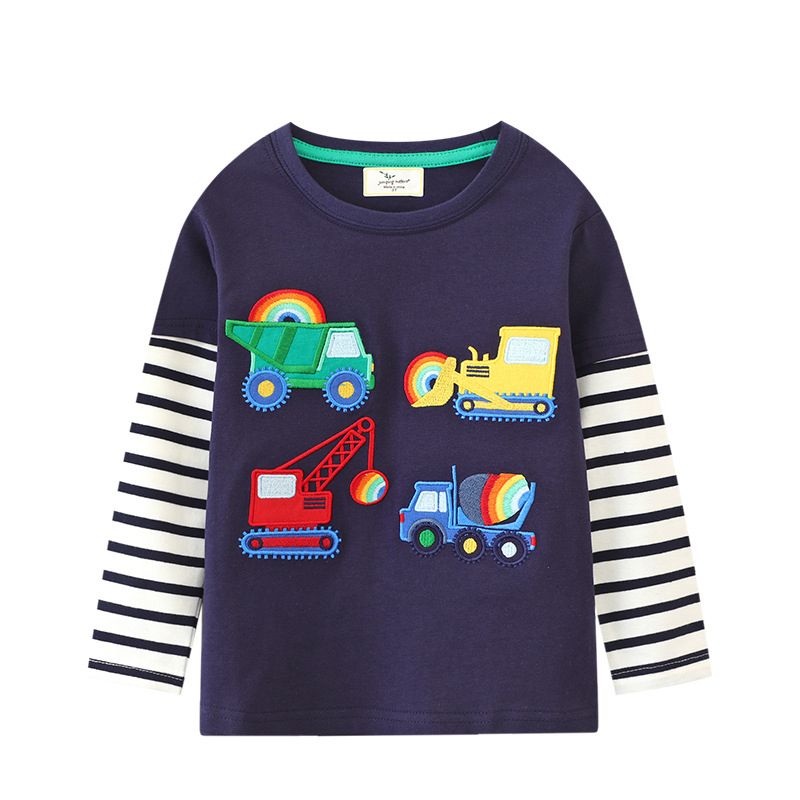 Unisex Kids Construction Vehicles Long-Sleeve T-Shirt - Striped Sleeves Cotton Top for Spring and Autumn