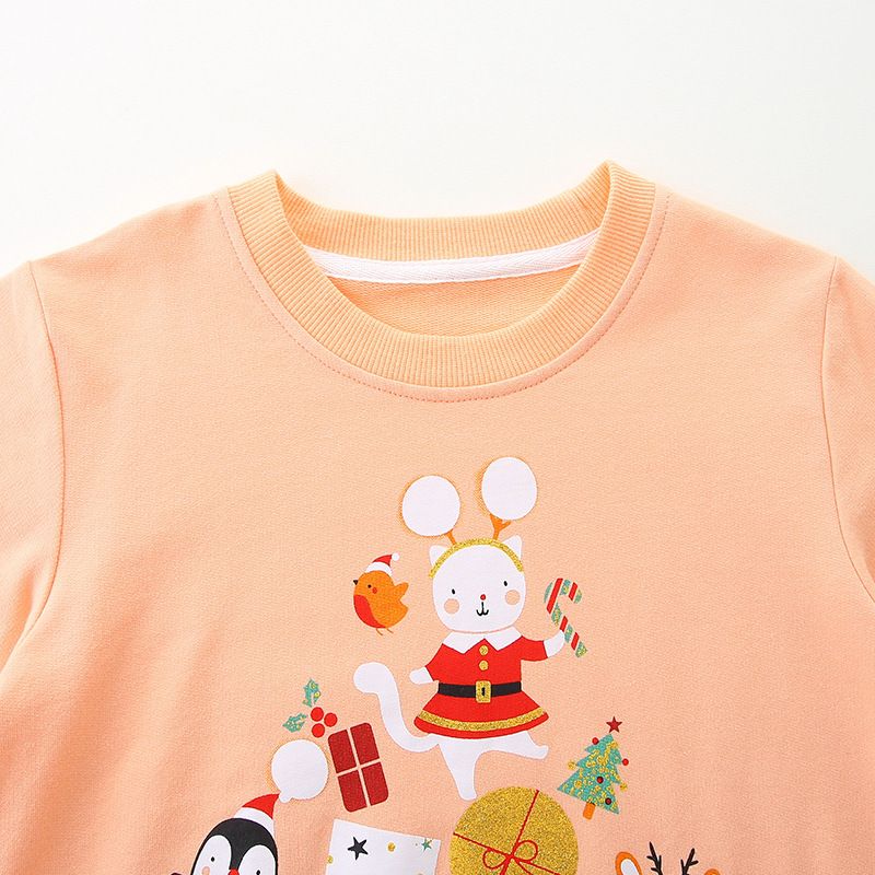 Girls' Peach Long-Sleeve Sweatshirt - Cute Animal and Gift Print Pullover for Spring and Autumn