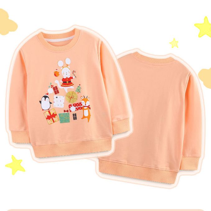 Girls' Peach Long-Sleeve Sweatshirt - Cute Animal and Gift Print Pullover for Spring and Autumn