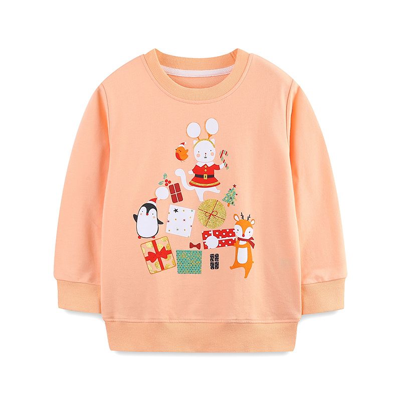 Girls' Peach Long-Sleeve Sweatshirt - Cute Animal and Gift Print Pullover for Spring and Autumn