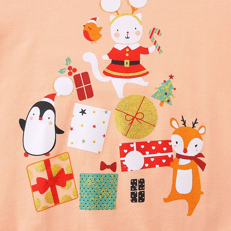 Girls' Peach Long-Sleeve Sweatshirt - Cute Animal and Gift Print Pullover for Spring and Autumn