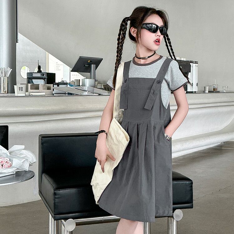 Teen Girls' Casual Gray Suspender Dress - Adjustable Strap Pinafore with Short-Sleeve T-Shirt