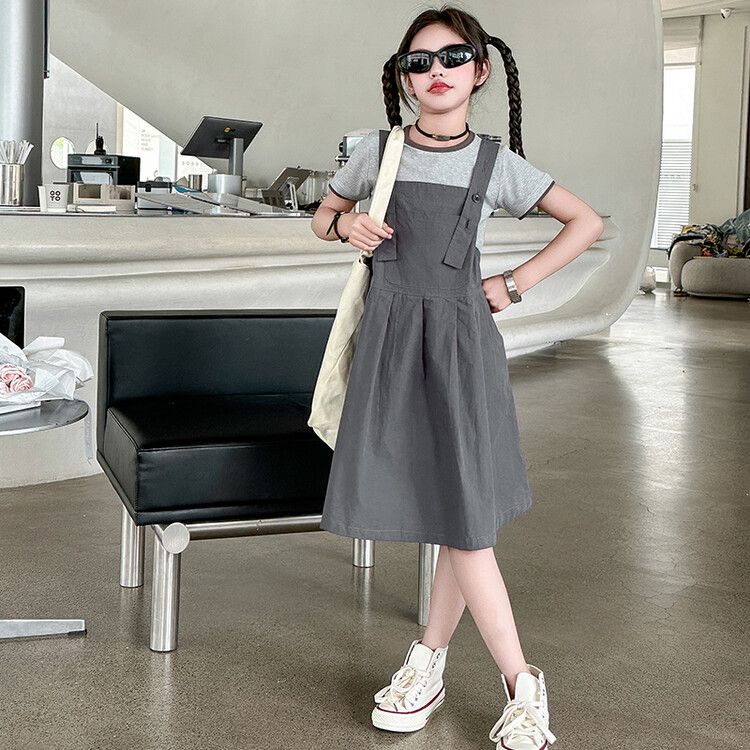 Teen Girls' Casual Gray Suspender Dress - Adjustable Strap Pinafore with Short-Sleeve T-Shirt