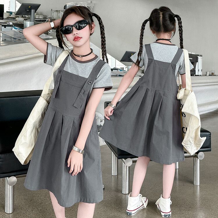 Teen Girls' Casual Gray Suspender Dress - Adjustable Strap Pinafore with Short-Sleeve T-Shirt