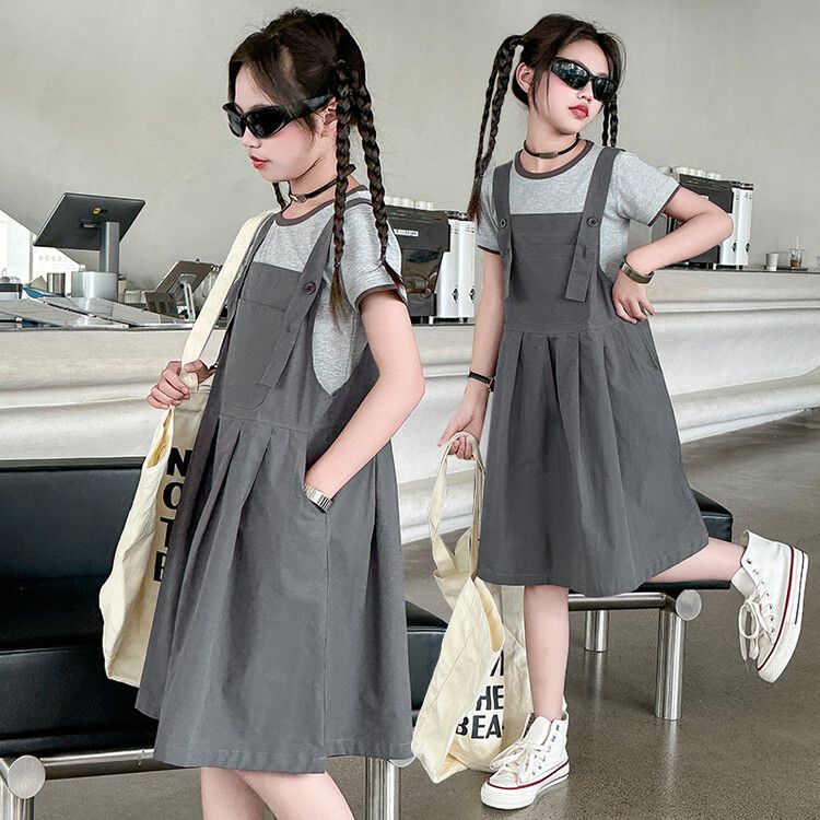 Teen Girls' Casual Gray Suspender Dress - Adjustable Strap Pinafore with Short-Sleeve T-Shirt