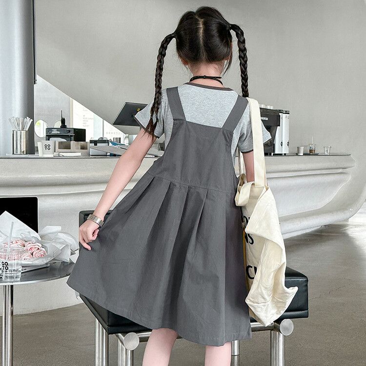 Teen Girls' Casual Gray Suspender Dress - Adjustable Strap Pinafore with Short-Sleeve T-Shirt