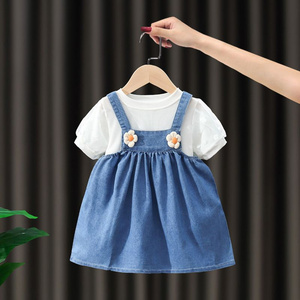 Toddler Girls' Denim Suspender Dress Set - Blue Jumper with White Short-Sleeve Top and Floral Accents