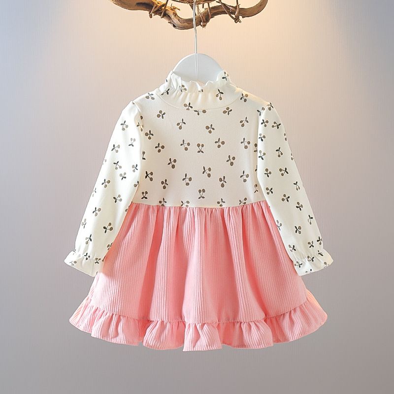 Toddler Girls' Ruffle Corduroy Suspender Dress Set - Pink and Brown Pinafore with Floral Blouse and Cute Bear Accents