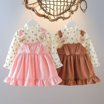 Toddler Girls' Ruffle Corduroy Suspender Dress Set - Pink and Brown Pinafore with Floral Blouse and Cute Bear Accents