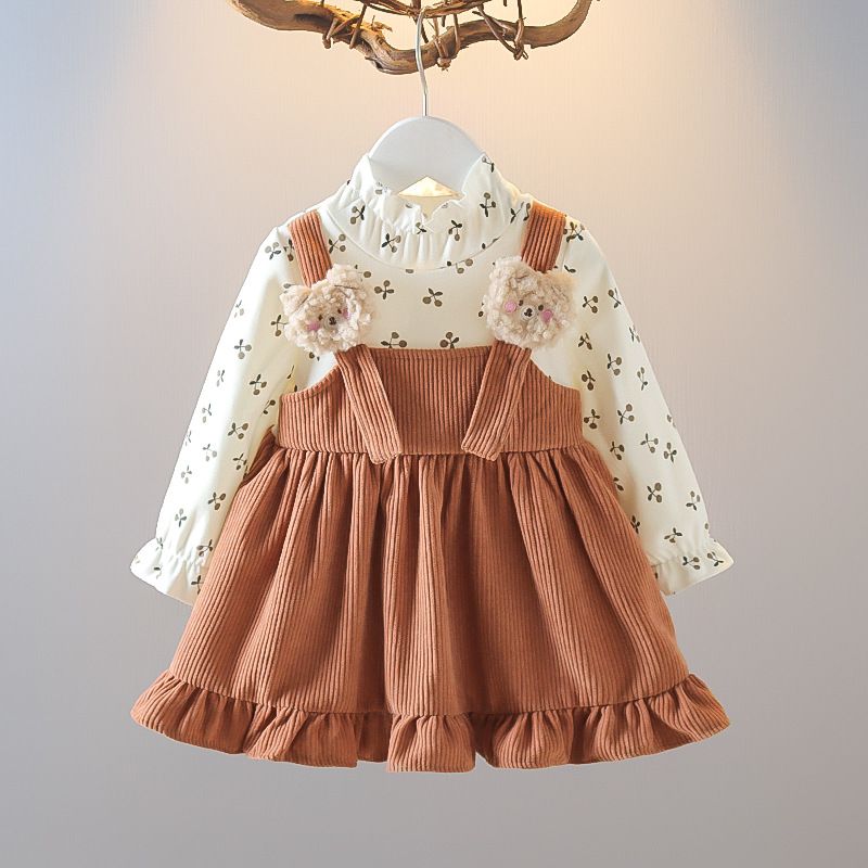 Toddler Girls' Ruffle Corduroy Suspender Dress Set - Pink and Brown Pinafore with Floral Blouse and Cute Bear Accents