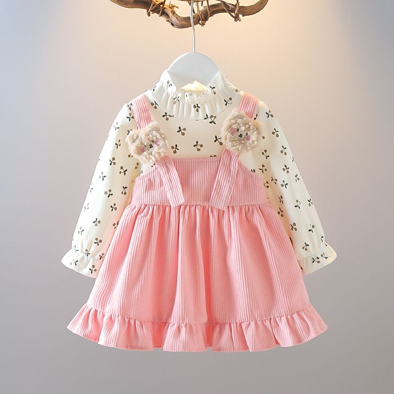 Toddler Girls' Ruffle Corduroy Suspender Dress Set - Pink and Brown Pinafore with Floral Blouse and Cute Bear Accents