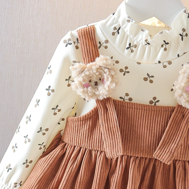 Toddler Girls' Ruffle Corduroy Suspender Dress Set - Pink and Brown Pinafore with Floral Blouse and Cute Bear Accents