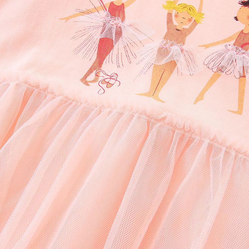 Girls' Spring/Autumn Long-Sleeve Pink Tulle Dress, Ballet Dancer Print Tutu Dress, Soft Cotton Blend Toddler Princess Dress