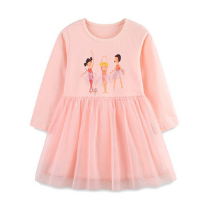 Girls' Spring/Autumn Long-Sleeve Pink Tulle Dress, Ballet Dancer Print Tutu Dress, Soft Cotton Blend Toddler Princess Dress