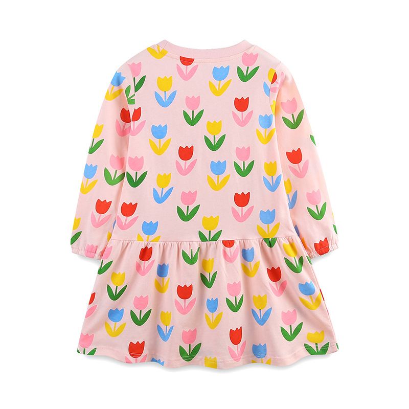 Girls' Spring/Autumn Multicolor Tulip Print Long-Sleeve Pink Dress Toddler Cotton Casual Dress for Spring and Fall