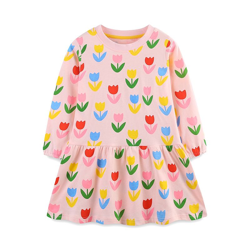 Girls' Spring/Autumn Multicolor Tulip Print Long-Sleeve Pink Dress Toddler Cotton Casual Dress for Spring and Fall