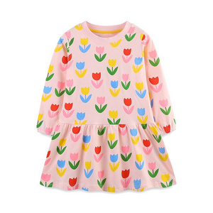 Girls' Spring/Autumn Multicolor Tulip Print Long-Sleeve Pink Dress Toddler Cotton Casual Dress for Spring and Fall