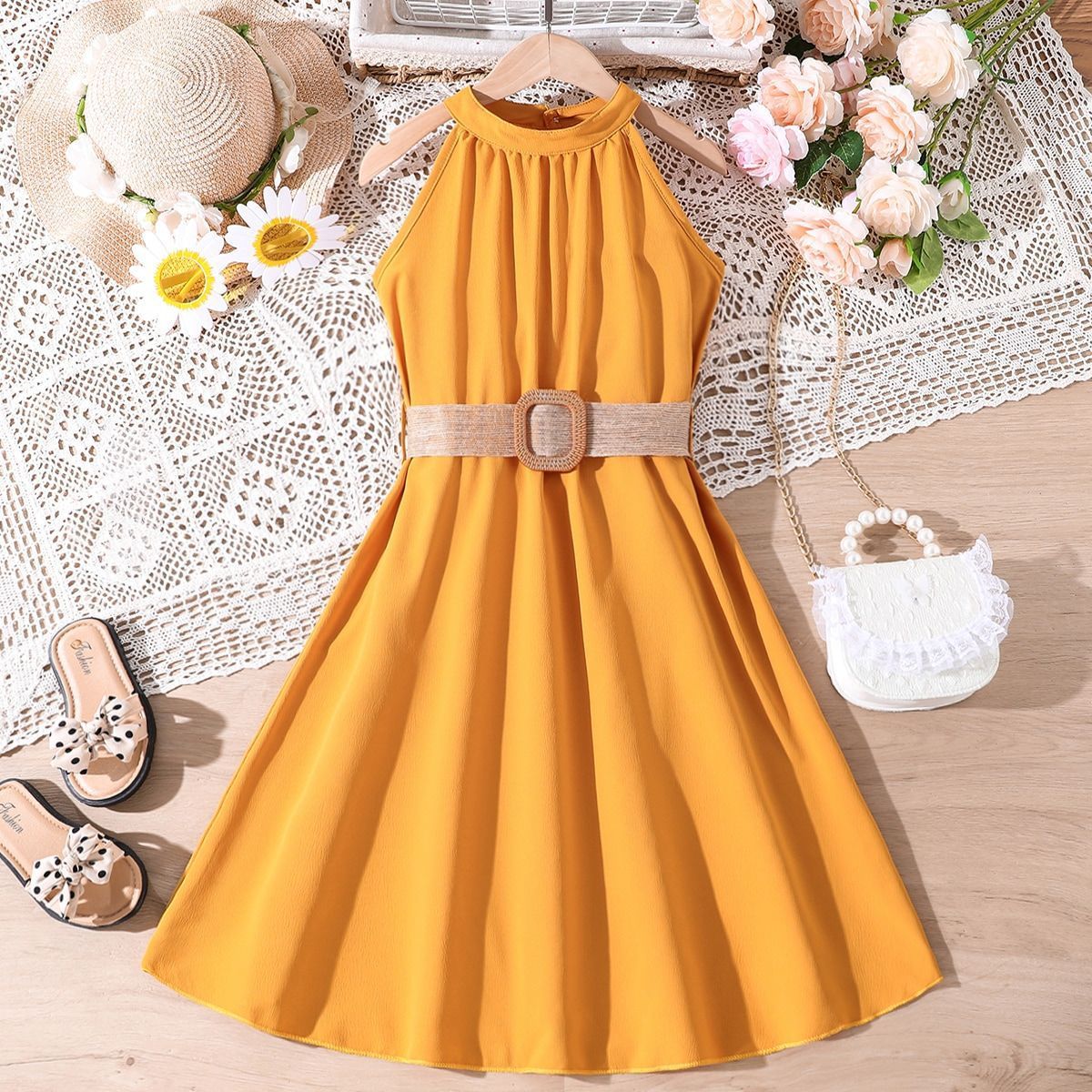 Girls' Long Sleeveless Belted Tank Dress Casual Summer A-Line Solid Color Dress in Multiple Colors