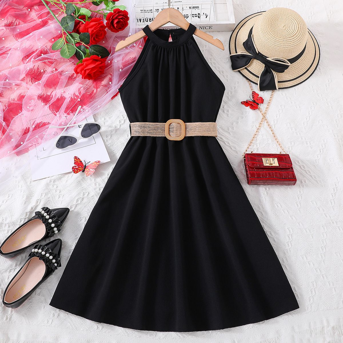 Girls' Long Sleeveless Belted Tank Dress Casual Summer A-Line Solid Color Dress in Multiple Colors