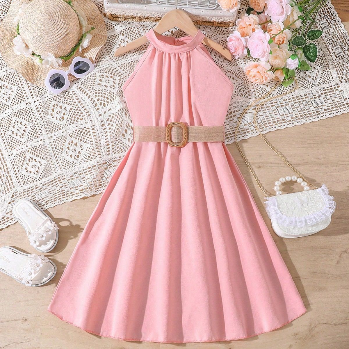 Girls' Long Sleeveless Belted Tank Dress Casual Summer A-Line Solid Color Dress in Multiple Colors