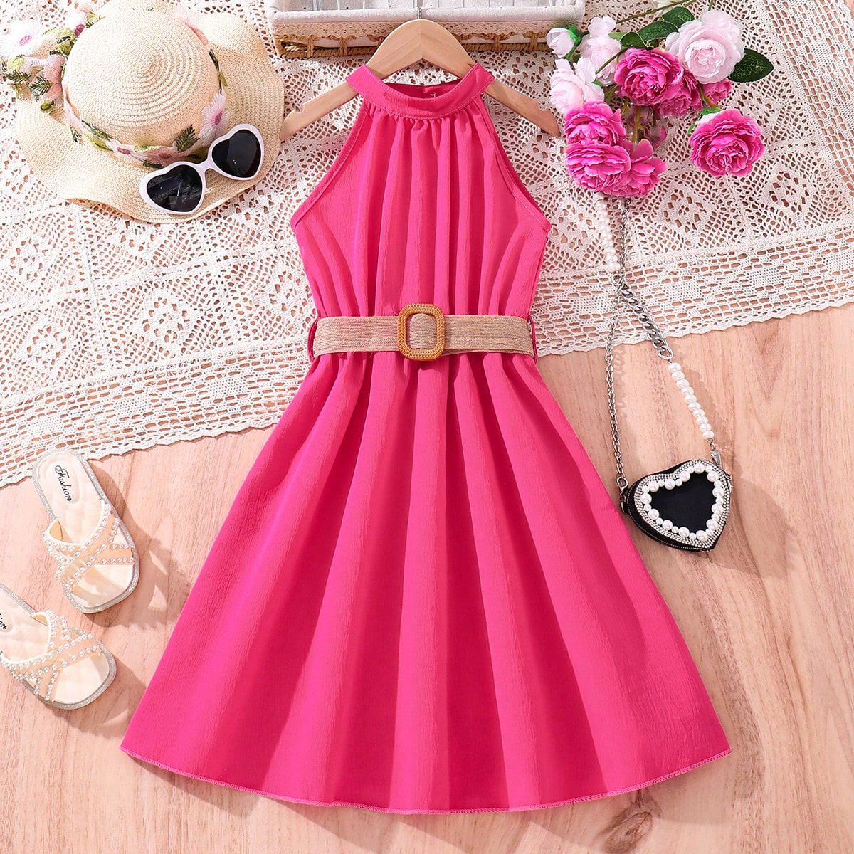 Girls' Long Sleeveless Belted Tank Dress Casual Summer A-Line Solid Color Dress in Multiple Colors