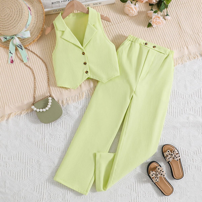 Girls' Fashionable Sleeveless Vest and Wide-Leg Pants Set Casual Summer Two-Piece Outfit in Solid Color