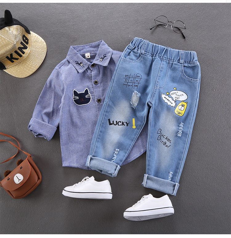 Girls' Cartoon Patch Denim Jeans Cute Embroidered Design, Casual Stretch Fit Pants for Kids