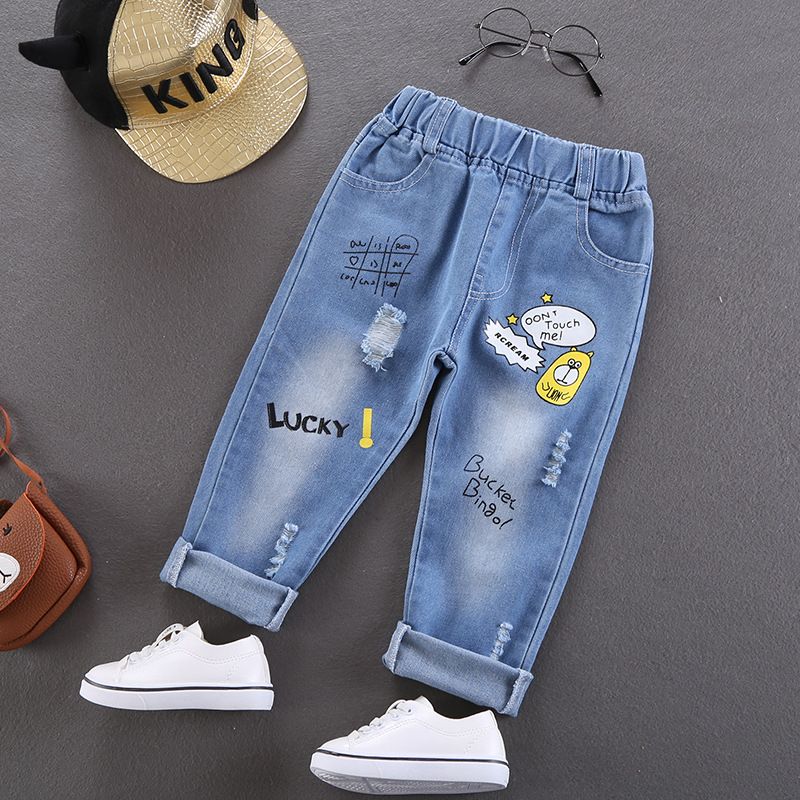 Girls' Cartoon Patch Denim Jeans Cute Embroidered Design, Casual Stretch Fit Pants for Kids