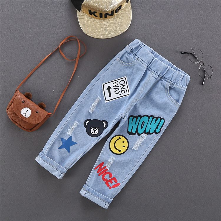 Girls' Cartoon Patch Denim Jeans Cute Embroidered Design, Casual Stretch Fit Pants for Kids