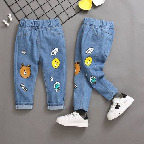 Girls' Cartoon Patch Denim Jeans Cute Embroidered Design, Casual Stretch Fit Pants for Kids