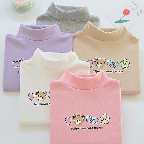 Girls' cute long-sleeved warm turtleneck solid color top - cute casual cartoon print, warm and comfortable winter shirt