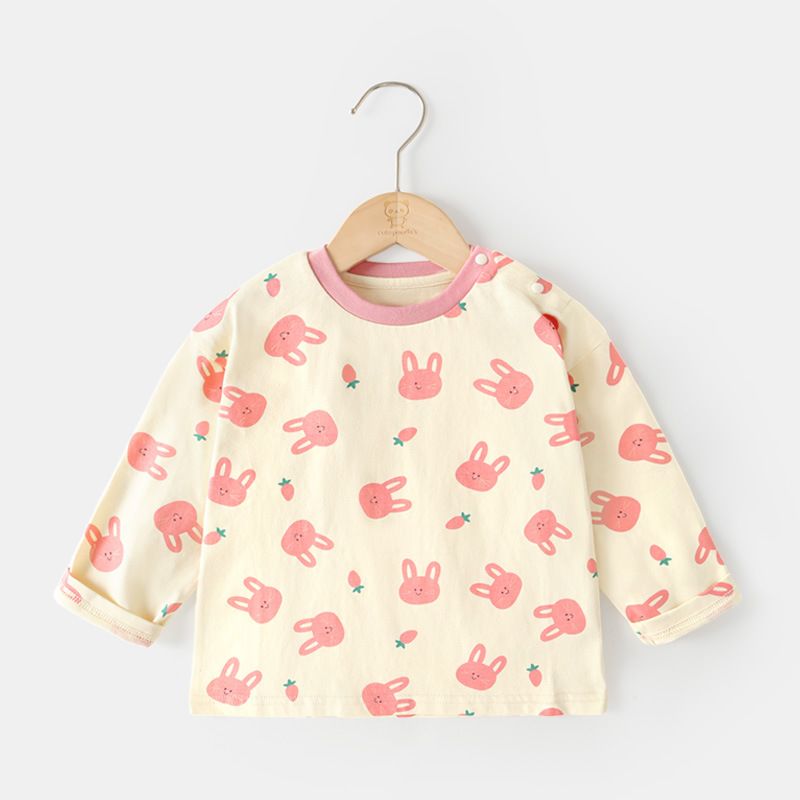 Girls' Spring and Autumn Cute Pattern Long-Sleeve Cotton T-Shirt Comfortable and Casual, Soft Cartoon Fruit Print