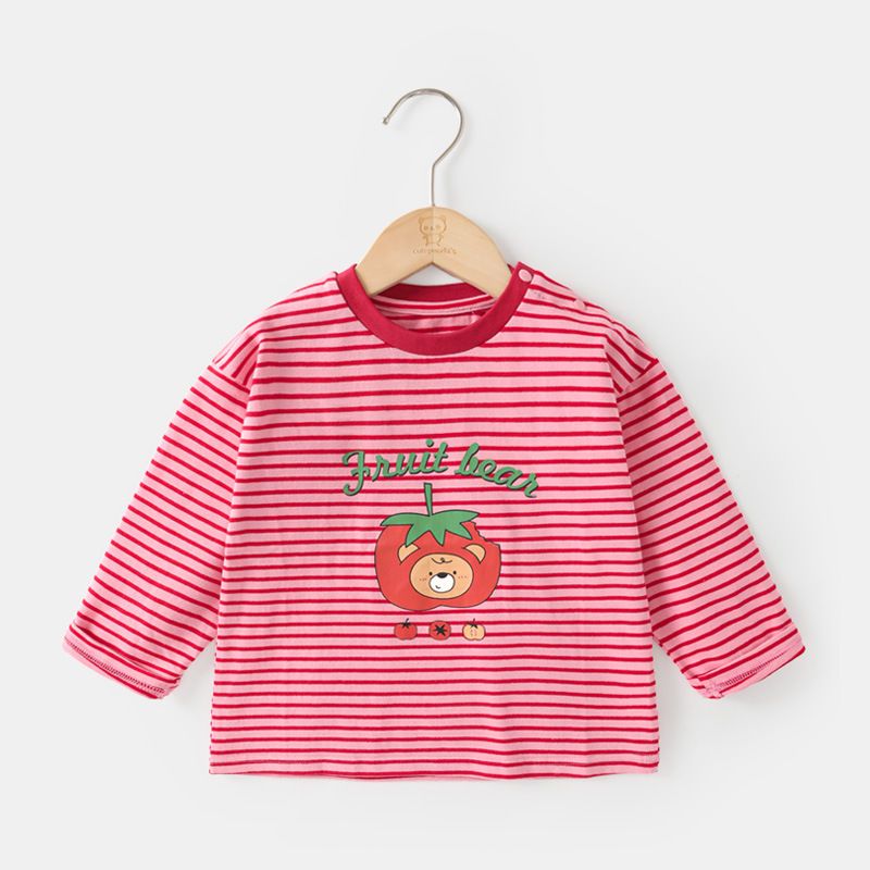 Girls' Spring and Autumn Cute Pattern Long-Sleeve Cotton T-Shirt Comfortable and Casual, Soft Cartoon Fruit Print