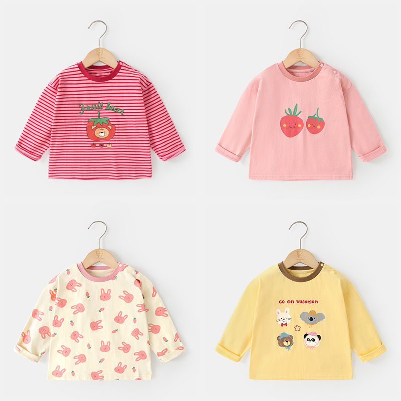 Girls' Spring and Autumn Cute Pattern Long-Sleeve Cotton T-Shirt Comfortable and Casual, Soft Cartoon Fruit Print