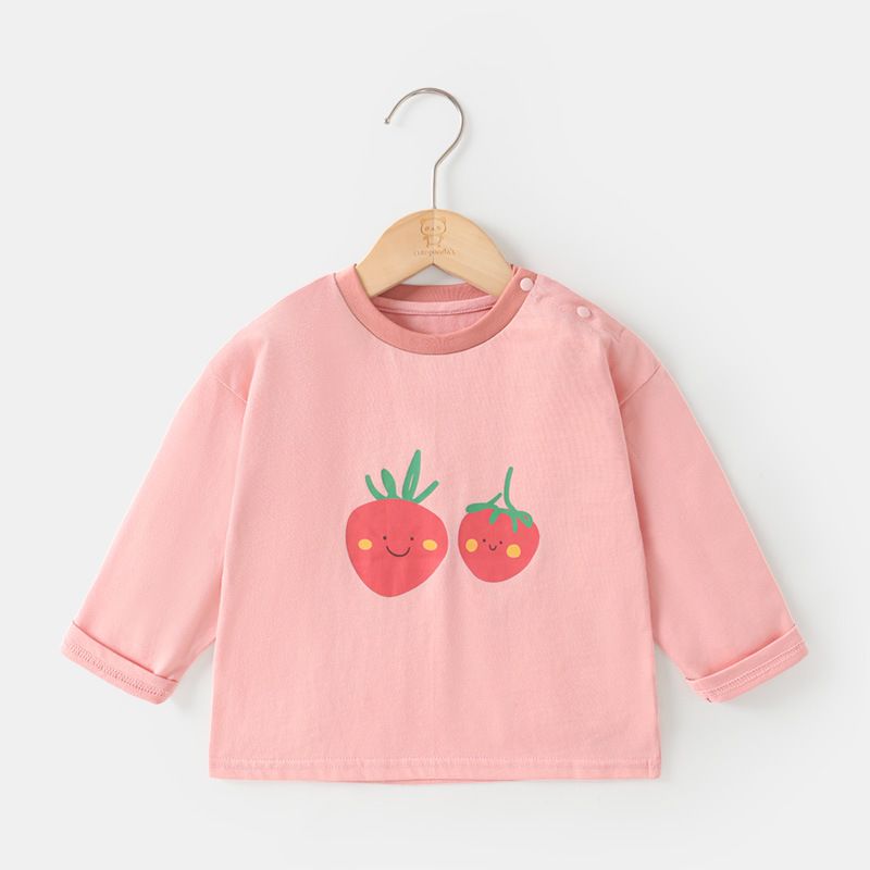 Girls' Spring and Autumn Cute Pattern Long-Sleeve Cotton T-Shirt Comfortable and Casual, Soft Cartoon Fruit Print