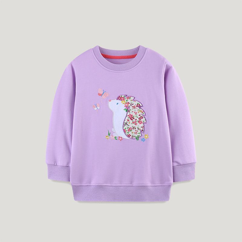 New Fall/Winter Girls' Embroidered Hedgehog Long-Sleeve T-Shirt, Soft Cotton, Fashionable and Cute, Children's Layering Shirt