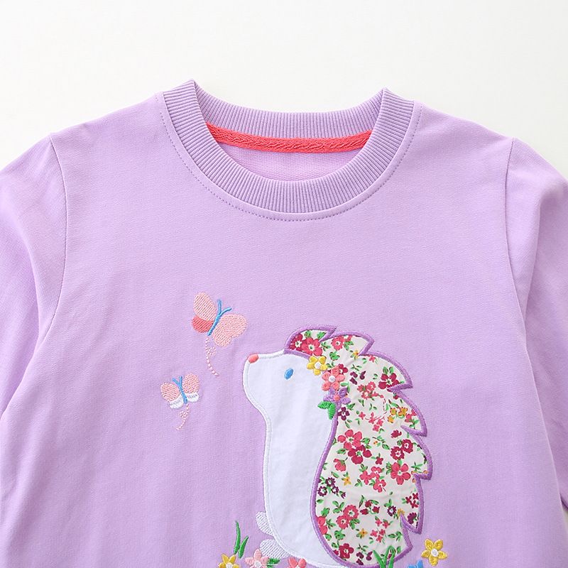 New Fall/Winter Girls' Embroidered Hedgehog Long-Sleeve T-Shirt, Soft Cotton, Fashionable and Cute, Children's Layering Shirt