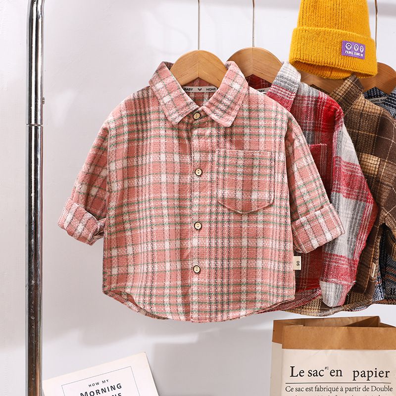 Unisex Fall/Winter Plaid Button-Down Shirt, Casual Loose Fit, Warm and Stylish Outerwear for Kids