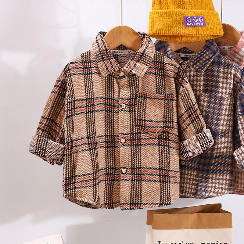 Unisex Fall/Winter Plaid Button-Down Shirt, Casual Loose Fit, Warm and Stylish Outerwear for Kids