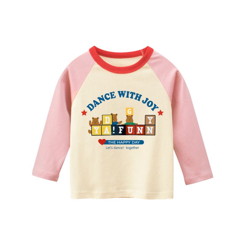 Adorable Girls' Long Sleeve Graphic Tee - Cute Bear Print, Colorful Raglan Sleeves, and Fun Letter Blocks - Perfect for Spring