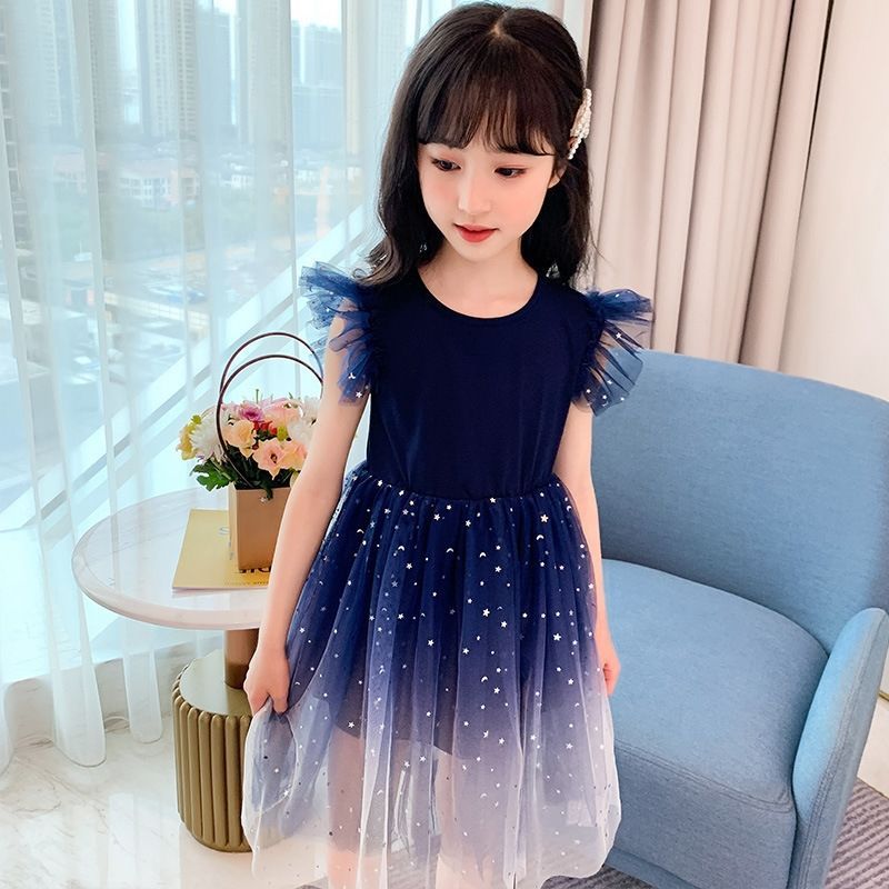 Girls' Navy Blue Starry Tulle Dress - Elegant Sleeveless Princess Party Gown with Ruffled Shoulders for Kids